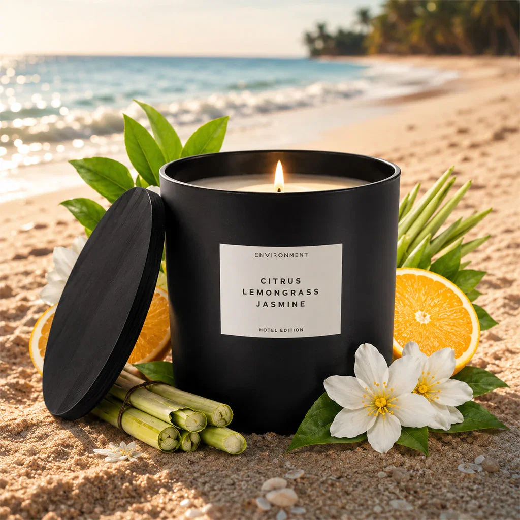 Elegant Scents candle on beach with citrus, lemongrass, jasmine ingredients and ocean backdrop