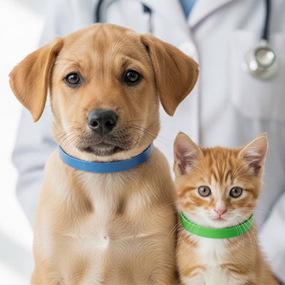 Image of a dog and cat wearing flea and tick collars on