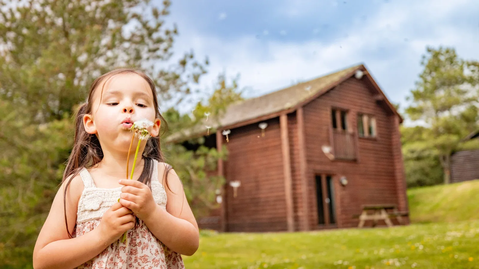 child blowing dandelion seeds next to a Bluestone lodge