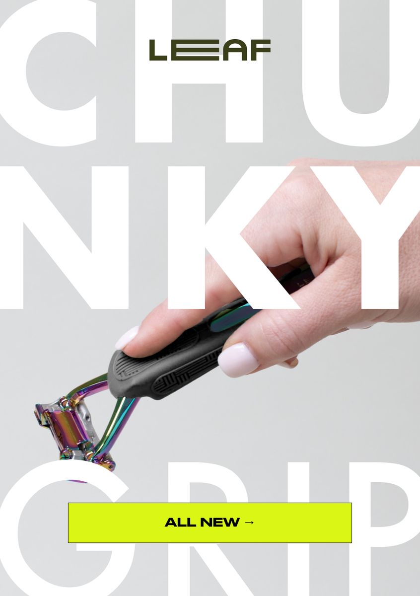 Hand holding a Leaf razor with rainbow iridescent finish against white background with overlaid text