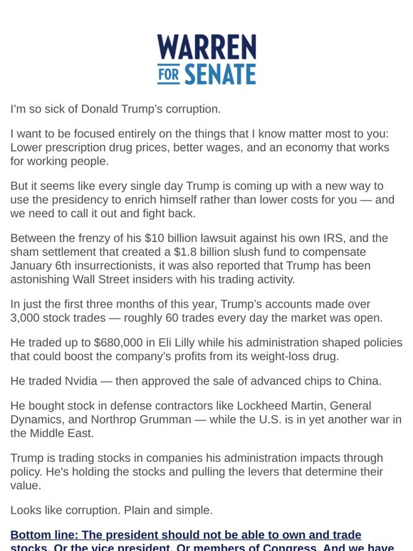 Add your name if you agree: The president should not be able to own and trade stocks. Or the vice president. Or members of Congress.