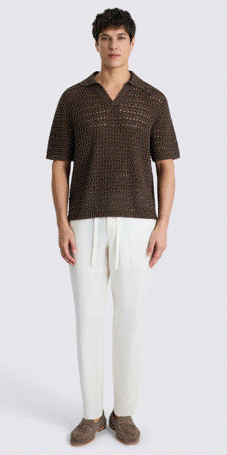 Brown Oversized Open-Knit Skipper Polo Shirt