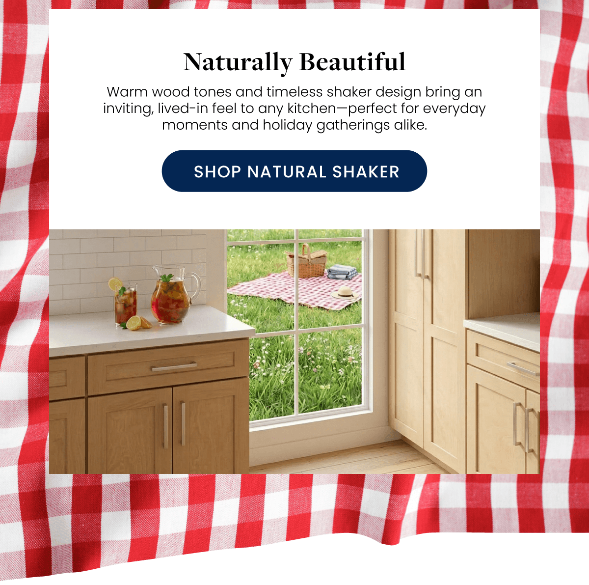 Kitchen view with wooden cabinets, outdoor picnic.