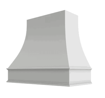 Elegant white range hood with curved design.