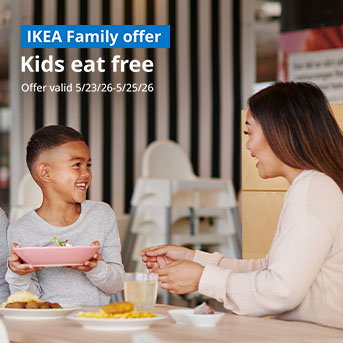A mom and child enjoying a meal in the Swedish Restaurant. Overlay copy reads an IKEA Family offer of Kids Eat Free May 23-25, 2026.