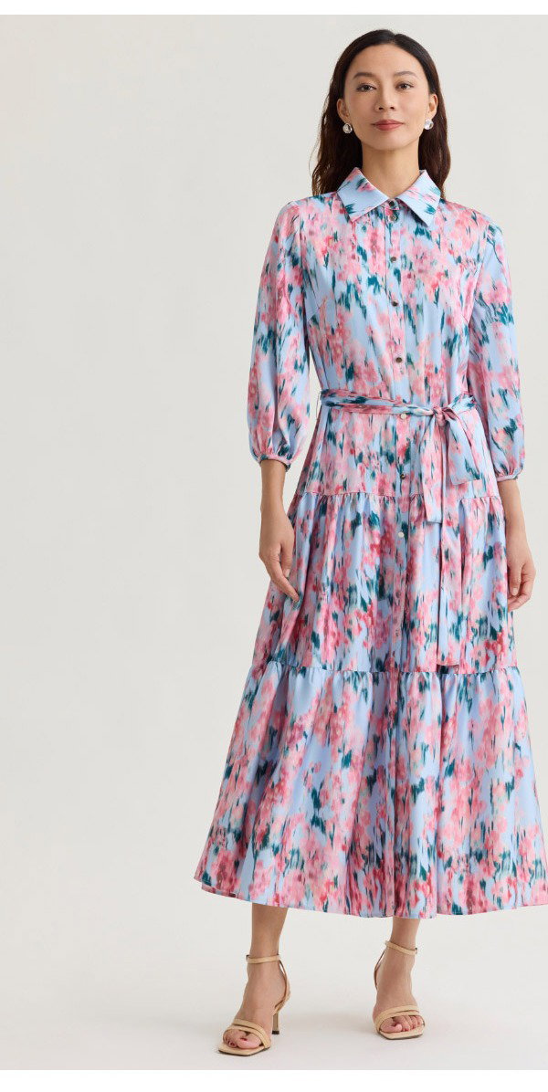 Printed Floral Crepe de Chine Tiered Maxi Dress