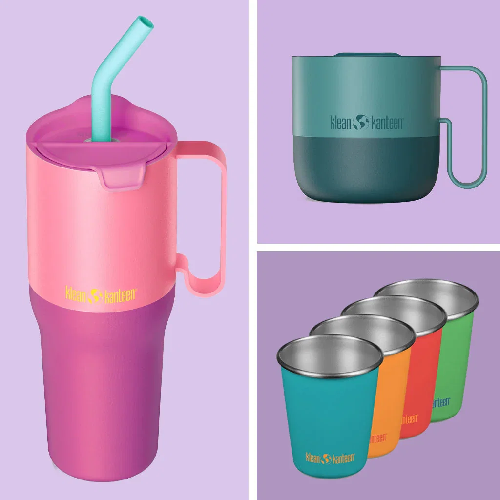 Klean Kanteen drinkware collection featuring a pink tumbler with straw, teal mug, and colorful stainless steel cups.
