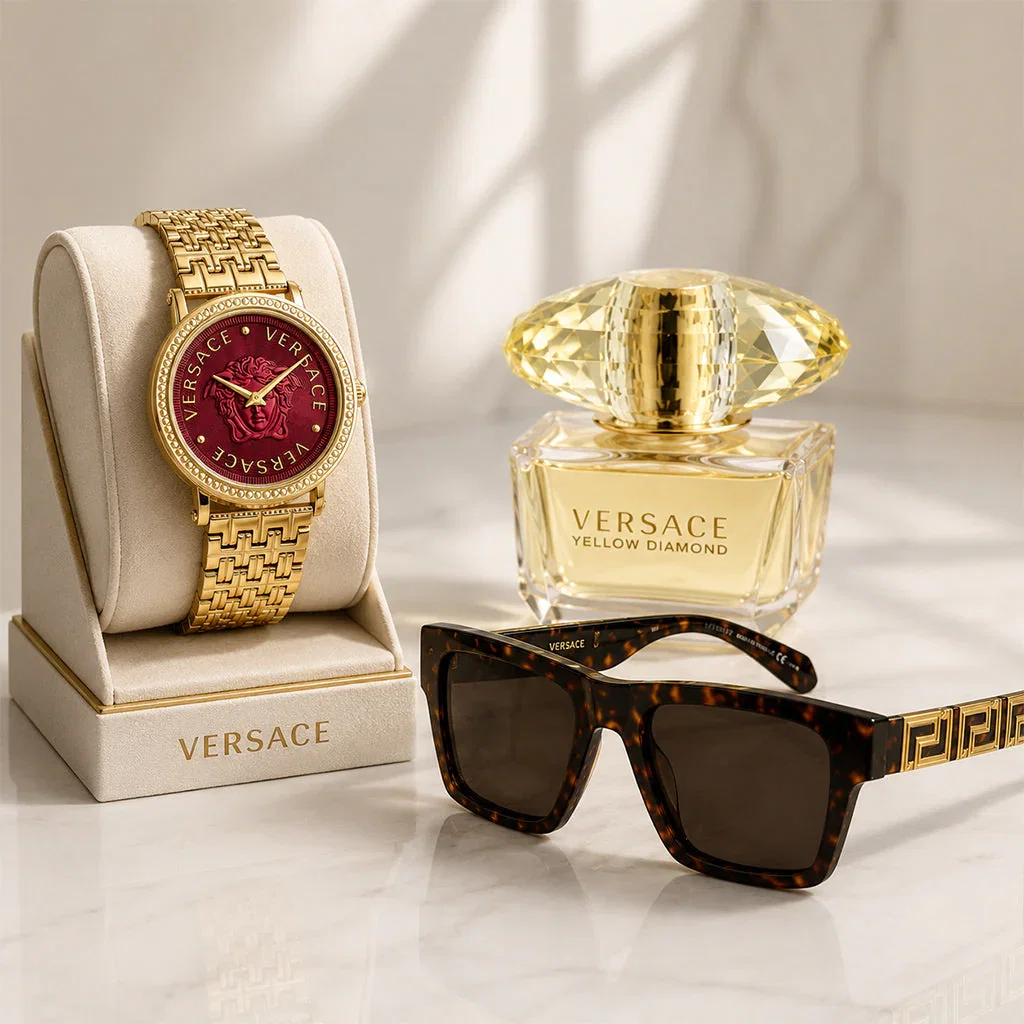 Versace luxury collection featuring gold watch with burgundy face, Yellow Diamond fragrance, and tortoiseshell sunglasses.