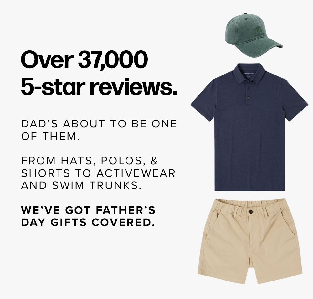 Product layout featuring a green baseball cap, a dark blue polo shirt, and beige shorts arranged vertically on a plain background. Text reads: 'Over 37,000 5-star reviews... We’ve Got Father’s Day Gifts Covered.'