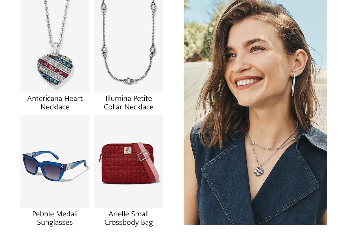Americana Heart Necklace - Illumina Petite Collar Necklace - Pebble Medali Sunglasses - Arielle Small Crossbody Bag