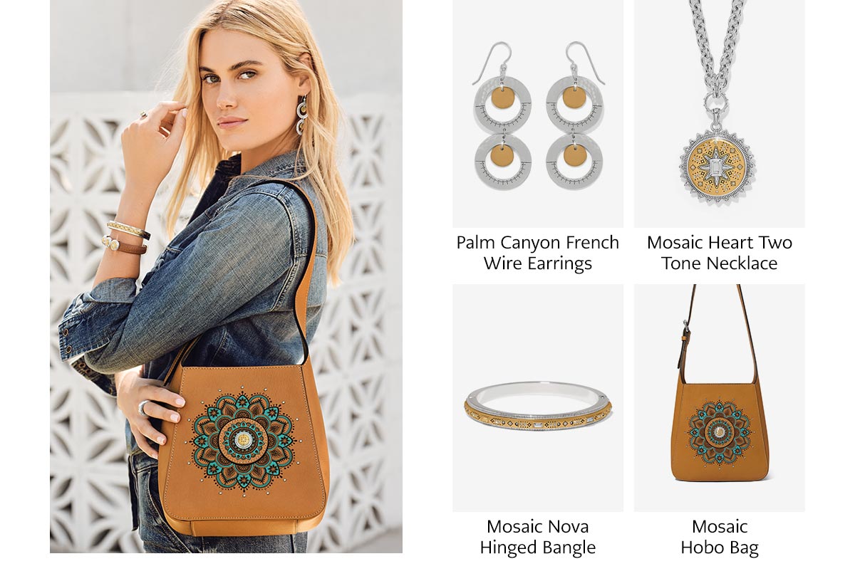Palm Canyon French Wire Earrings - Mosaic Heart Two Tone Necklace - Mosaic Nova Hinged Bangle - Mosaic Hobo Bag