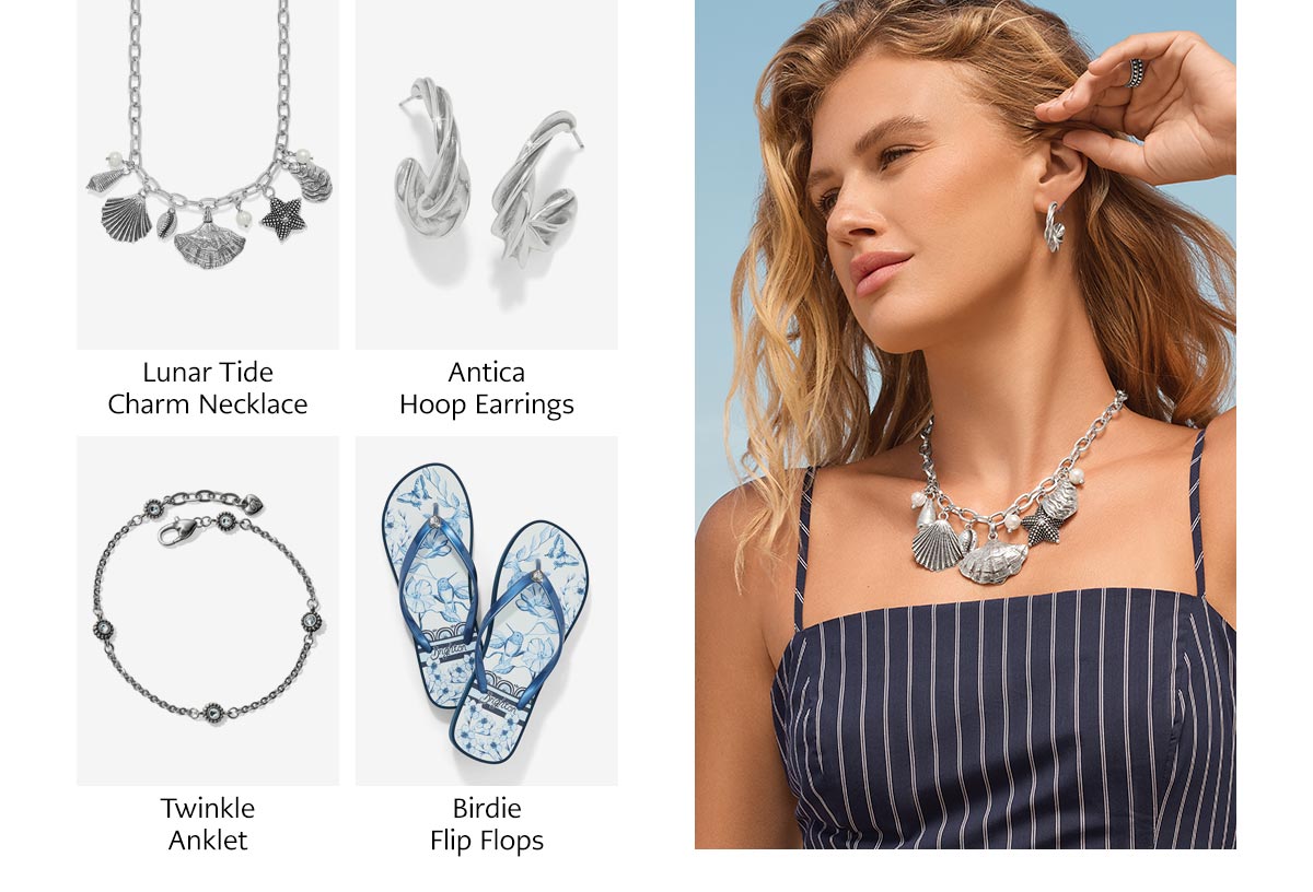 Lunar Tide Charm Necklace - Antica Hoop Earrings - Twinkle Anklet - Birdie Flip Flops