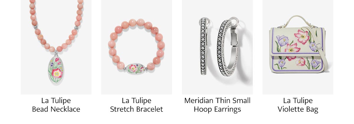 La Tulipe Bead Necklace - La Tulipe Stretch Bracelet - Meridian Thin Small Hoop Earrings - La Tulipe Violette Bag