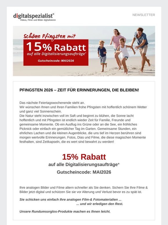 Wir wünschen schöne Pfingsten mit 15% Rabatt