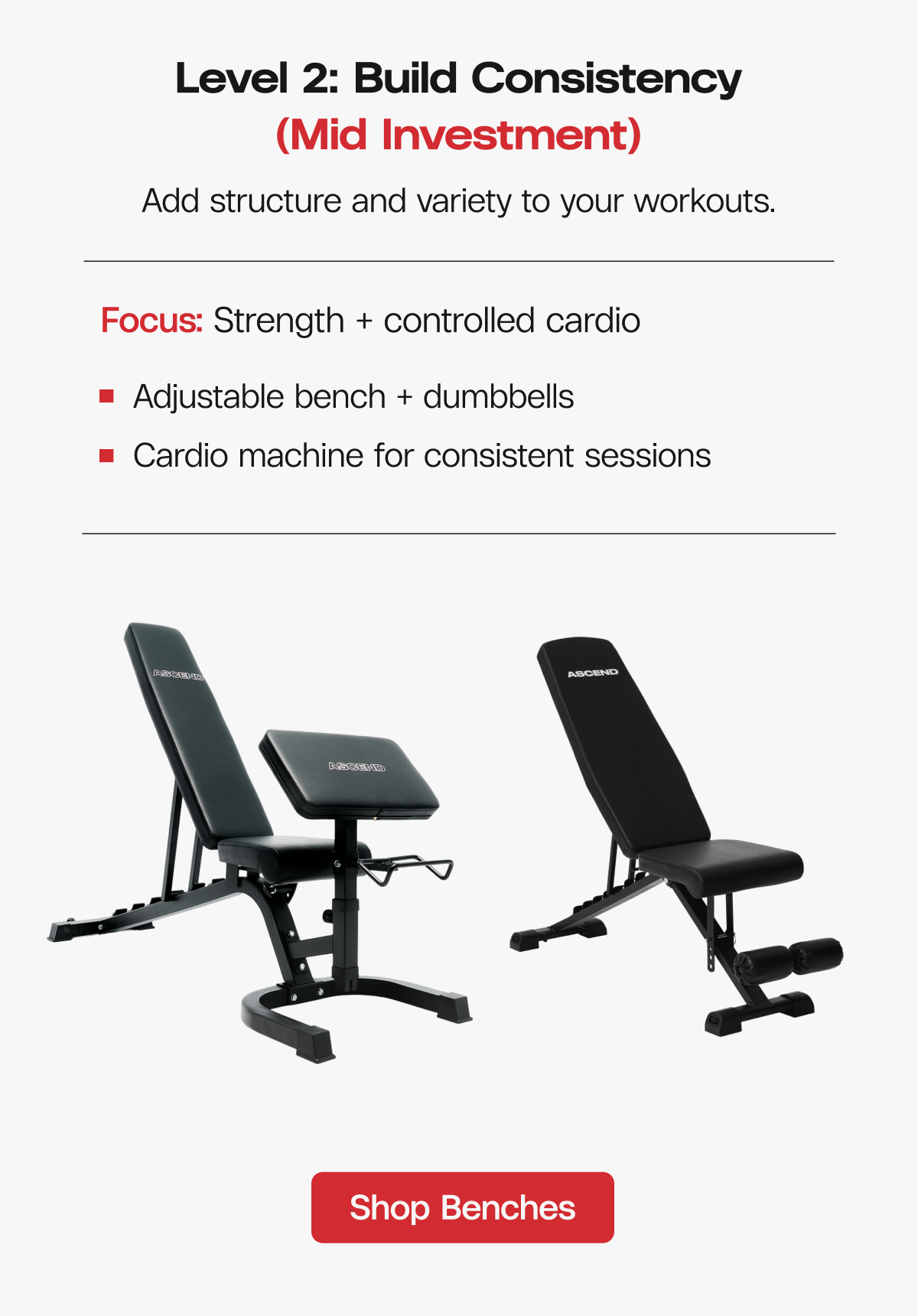 Level 2: Build Consistency (Mid Investment) Add structure and variety to your workouts.  Focus: Strength + controlled cardio   |  Adjustable bench + dumbbells  |  Cardio machine for consistent sessions  -  Shop Benches