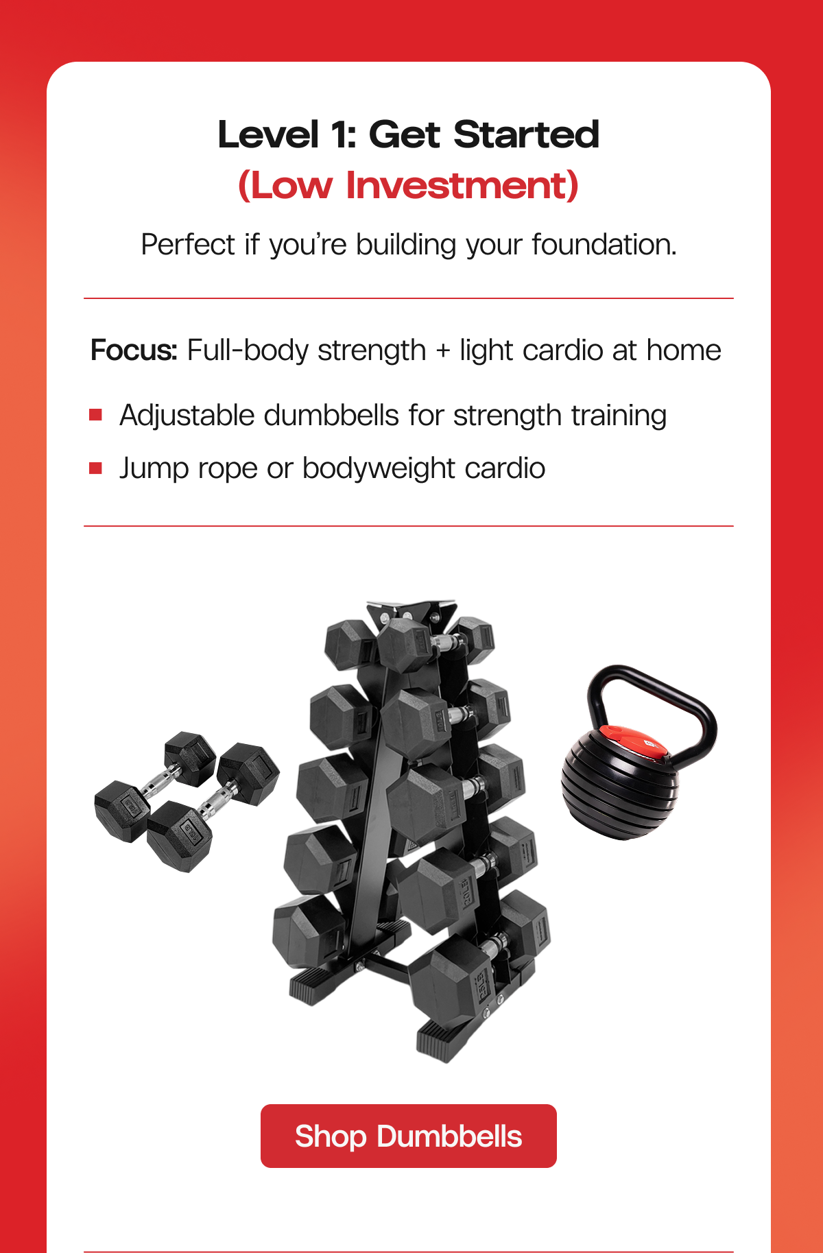 Level 1: Get Started (Low Investment) Perfect if you’re building your foundation.  Focus: Full-body strength + light cardio at home  |  Adjustable dumbbells for strength training   |  Jump rope or bodyweight cardio  -  Shop Dumbbells