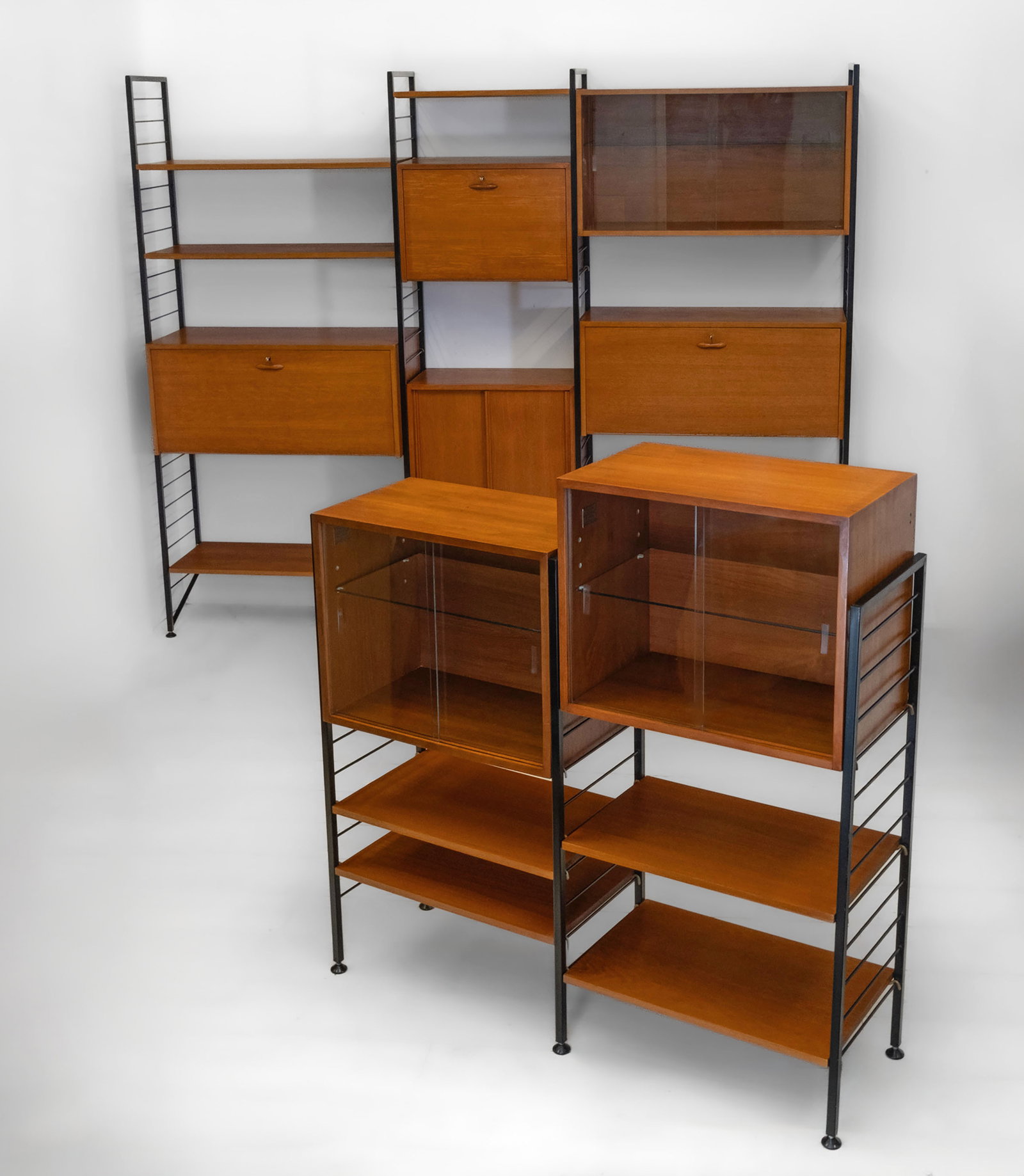 Mid Century Ladderax Six Bay Shelving System, Desk Drinks Cabinet Staples