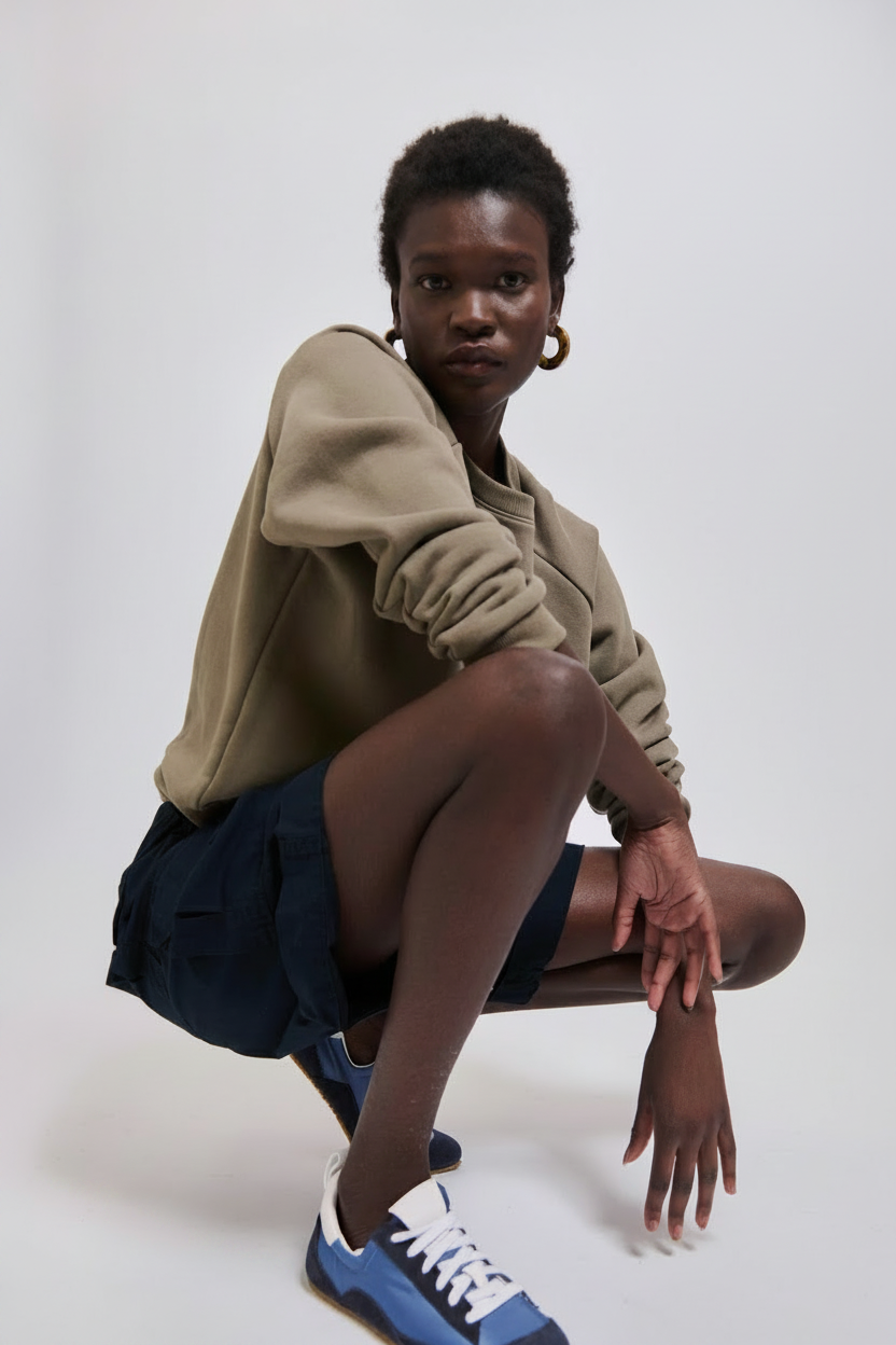 A person in a brown sweatshirt and navy shorts squats, looking at the camera.
