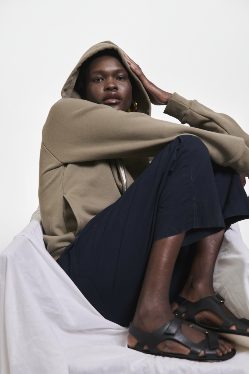 A person wearing a tan hoodie and dark pants sits with their hand on their head.