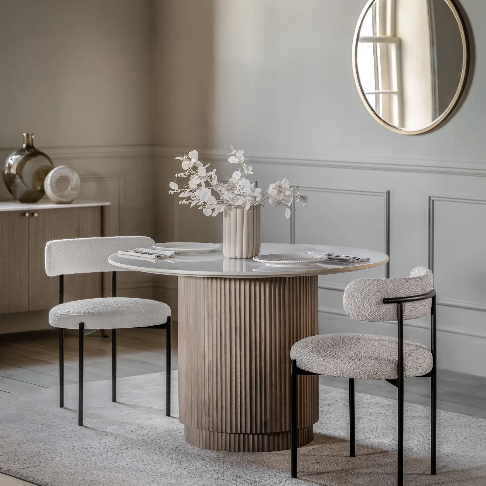 Zoe Neutral Ribbed Wooden Round Dining Table with Marble Top