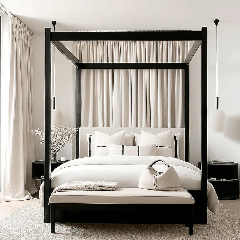 Eden Black 4 Poster Wooden Bed with Cream Velvet Headboard