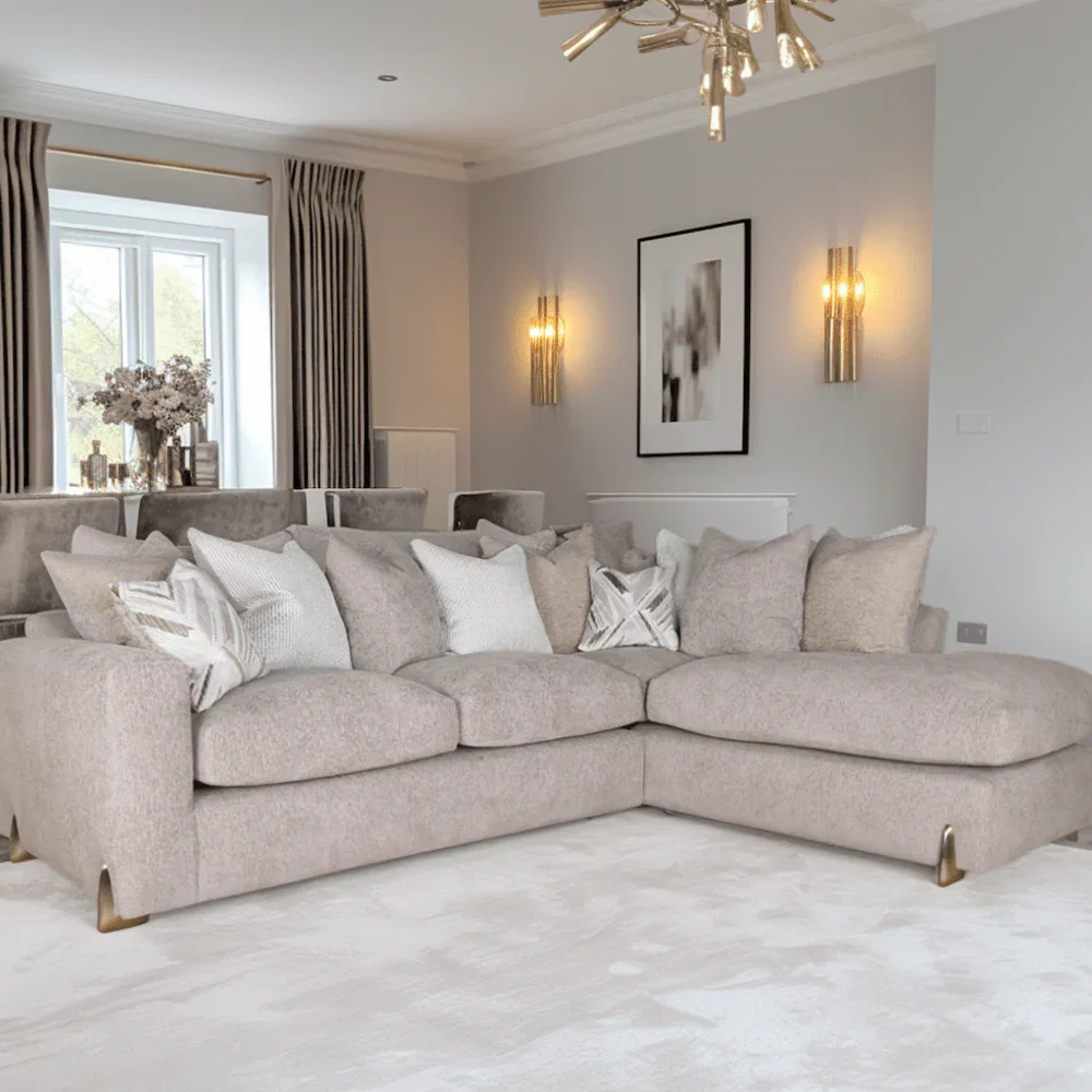 Mila Taupe Soft Textured Sofa Range with Gold Feet - Large Right Hand Facing / Pillow Back