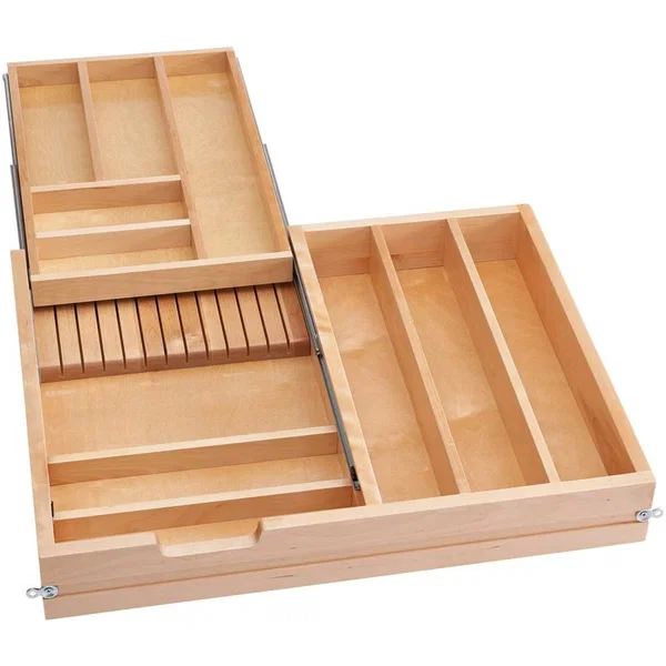 Rev-A-Shelf 4WTCD-30HSC-1, 2-Tier Cutlery Replacement Drawer With BLUMOTION Soft-Close Concealed Slides For 27" Width x 4-1/2" Height Minimum Drawer Openings , Light Brown 
