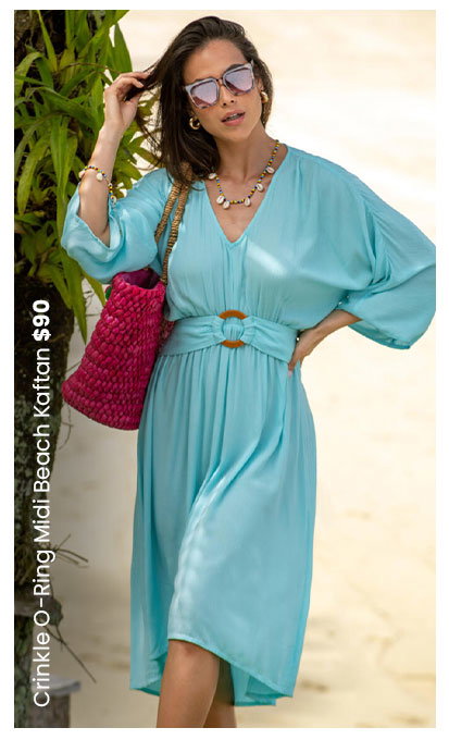 Crinkle O-Ring Midi Beach Kaftan - Aqua