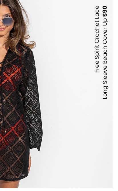Free Spirit Crochet Lace Long Sleeve Beach Cover Up - Black