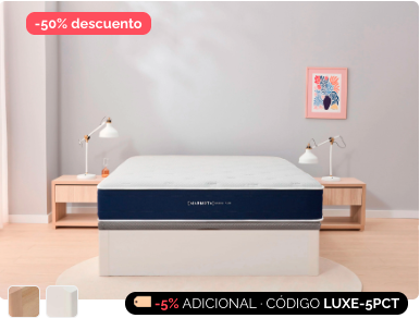 Ofertas y descuentos en la Primavera de Marmota en el Pack Ahorro con el colchón Hybrid Techno • Firm: colchón + base con almacenaje + protector de colchón + almohada con -50% DTO. -5% ADICIONAL, y financiación gratuita hasta en 18 meses.