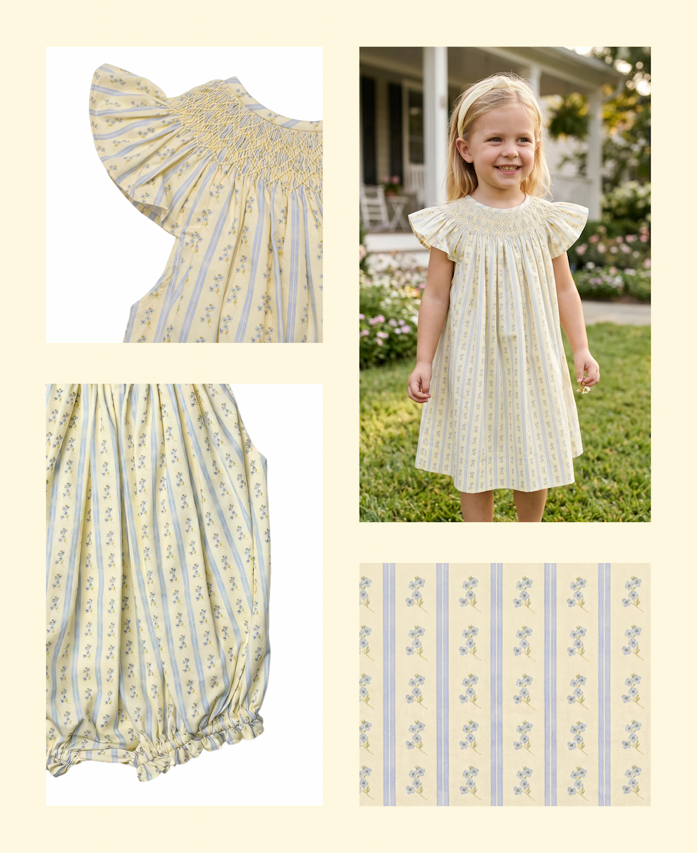 French Blue Petite Flowers Smocked Angel Sleeve Collection