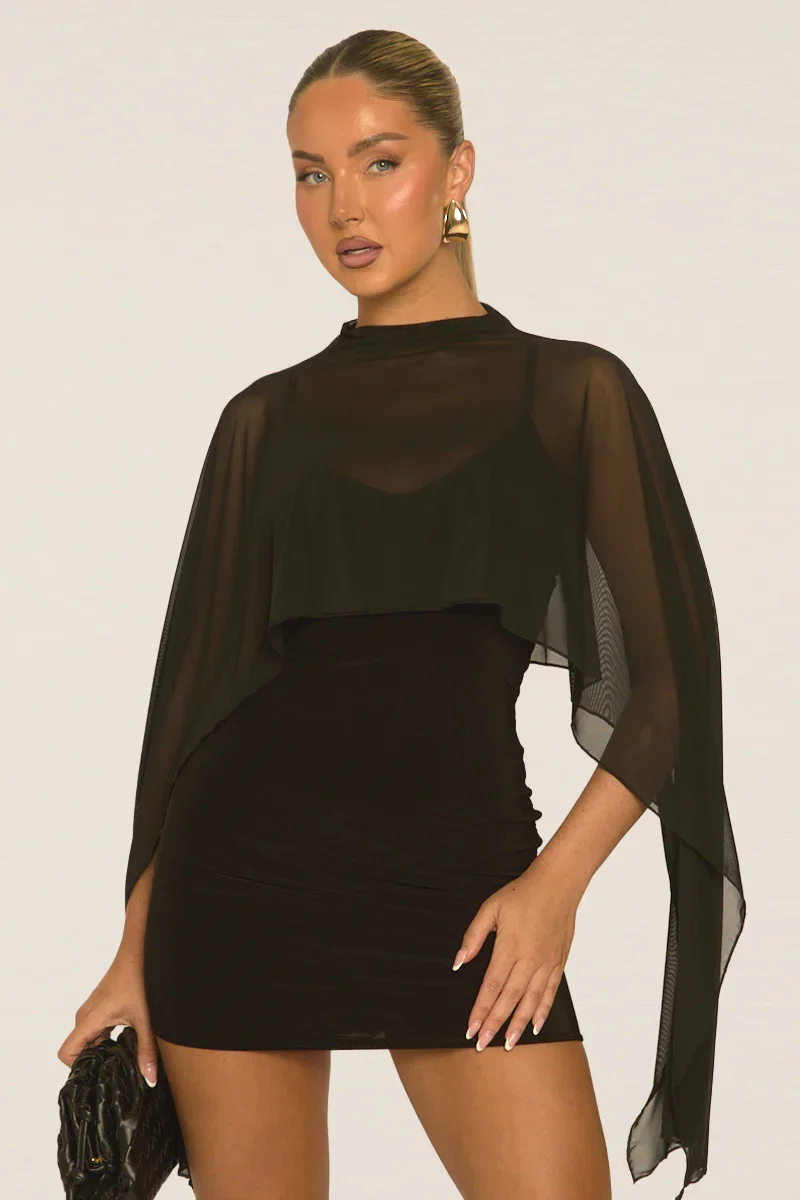 Image of Black Cape Detail Mini Dress - Lorren