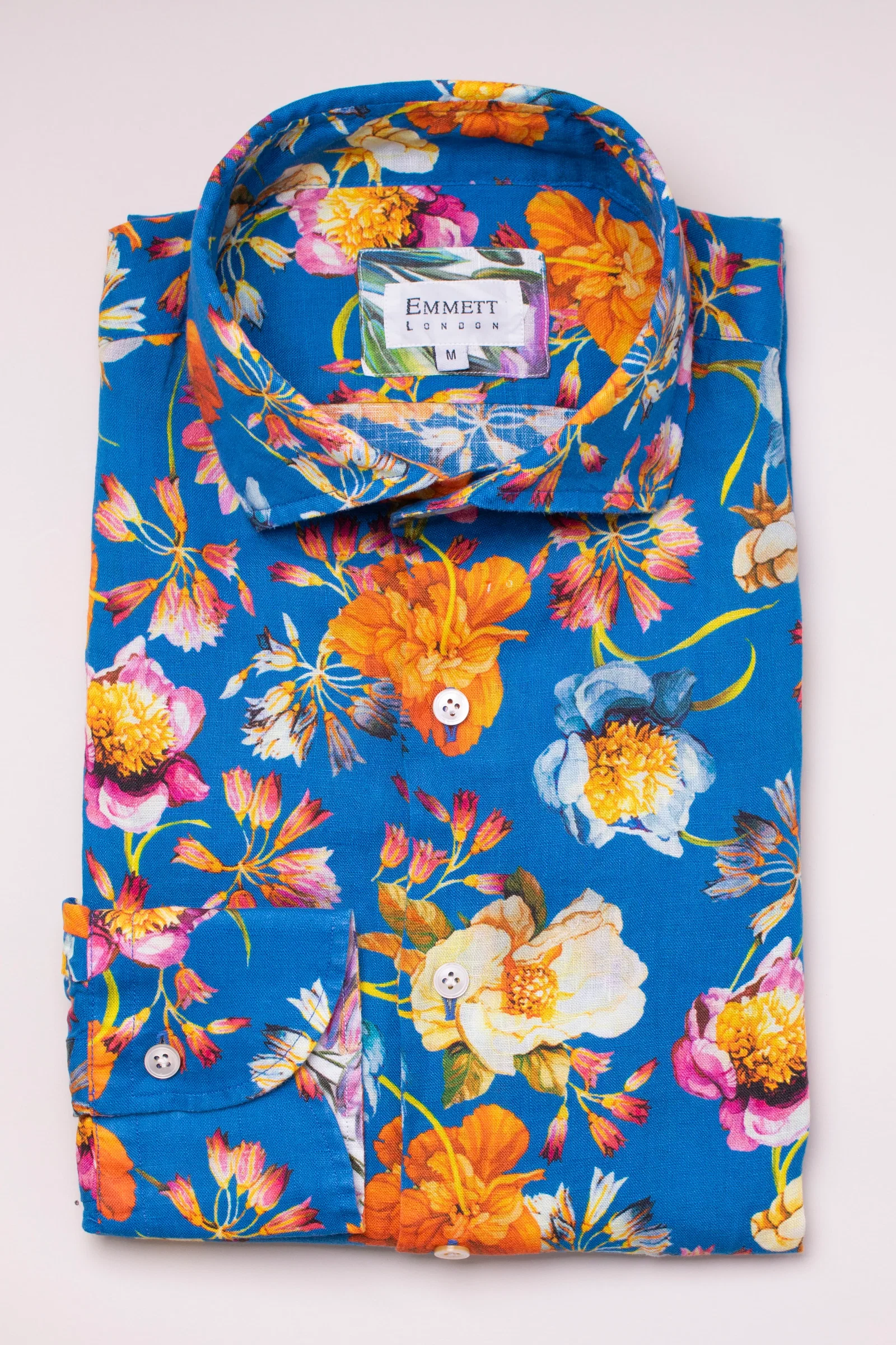 Image of Blue Summer Floral Print Linen Shirt