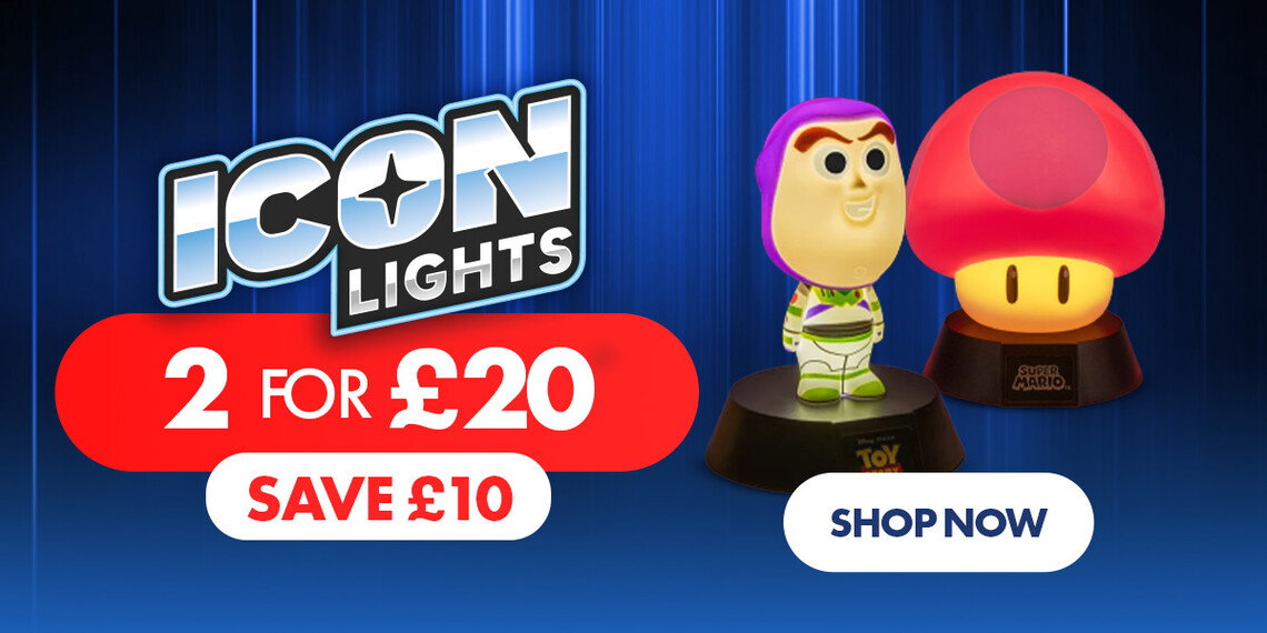 Promotional banner for Icon Lights featuring Buzz Lightyear and a glowing Super Mario mushroom lamp, with offer text reading “2 for £20” and “Save £10”, plus a Shop Now button on a blue background.