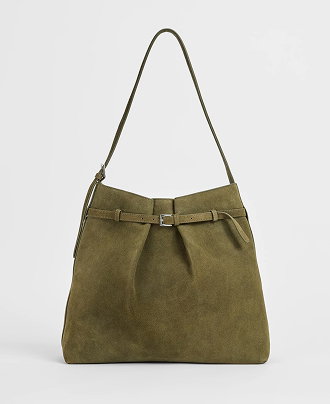 Premium suede leather belted bucket bag