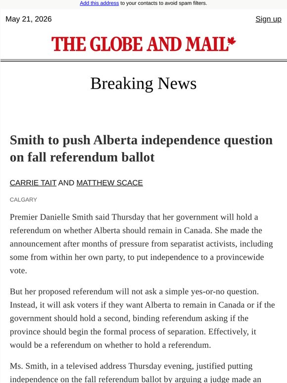 Breaking News: Smith to push Alberta independence question on fall referendum ballot