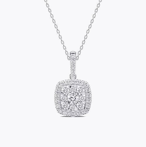 Platinum White 0.50ct Diamond Cushion Shaped Cluster Pendant Necklace
