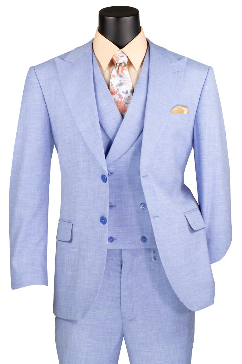 Men's Summer Sharkskin Suit with Double Breasted Vest in Light Blue
