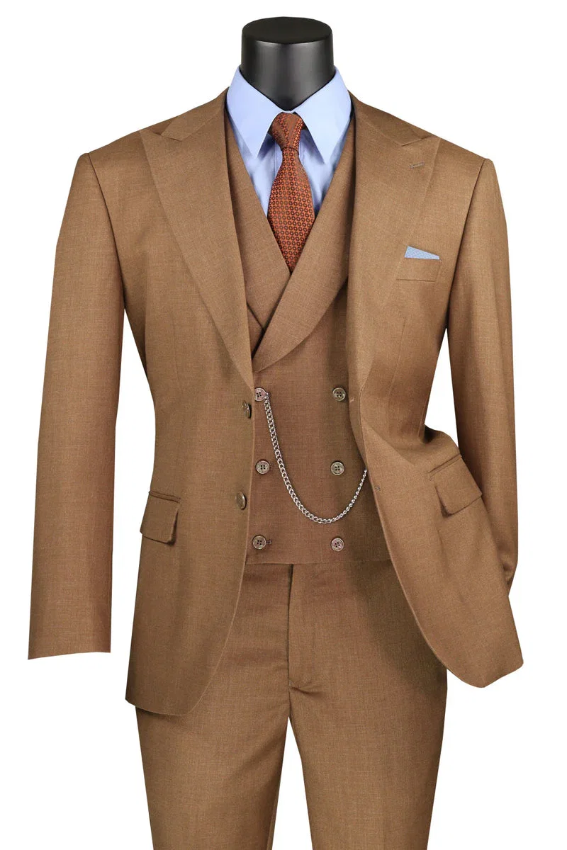 Men's Summer Sharkskin Suit with Double Breasted Vest in Light Brown