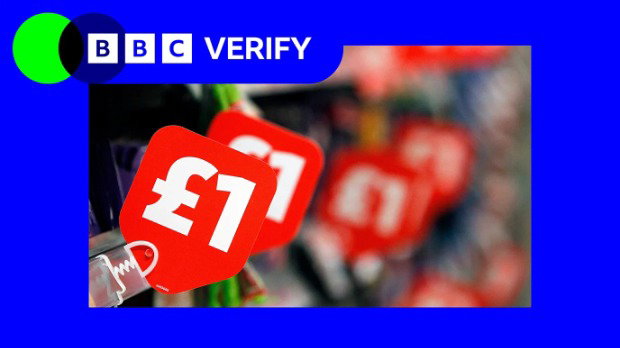 Red labels with bold white numbers display the price in pounds sterling of several confectionary items along a UK supermarket shelf. The labels closest to the camera are for £1. The image has a bright blue border and the BBC Verify logo in blue and green is in the top left corner.