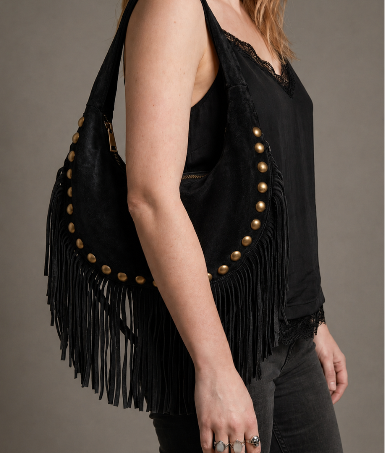 Kate Black Genuine Suede Studded Bag