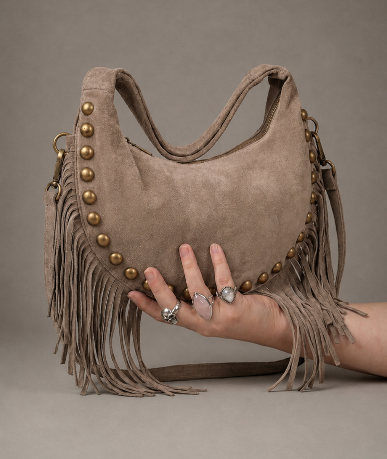 Kate Taupe Genuine Suede Studded Bag