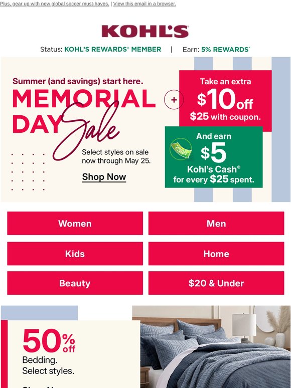 Shop the Memorial Day Sale + take $10 off your $25 purchase + earn Kohl's Cash 🤩