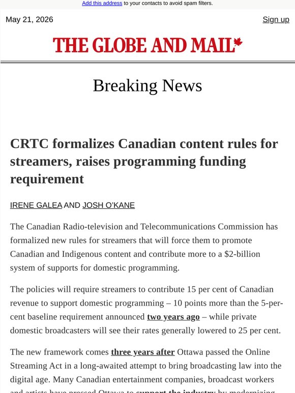 Breaking News: CRTC formalizes Canadian content rules for streamers, raises programming funding requirement