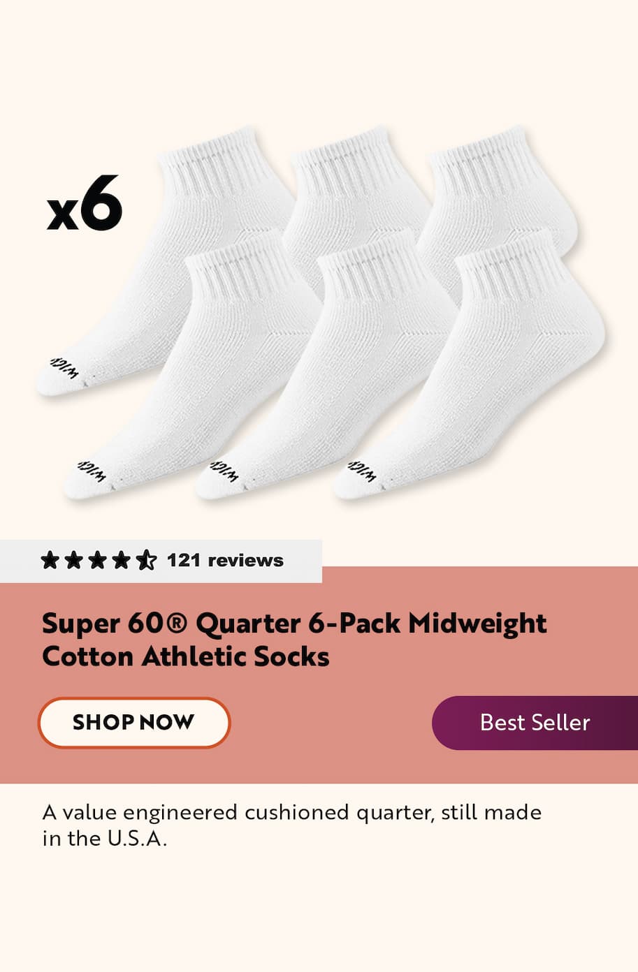 Super 60 Quarter 6-Pack Midweight Cotton Athletic Socks