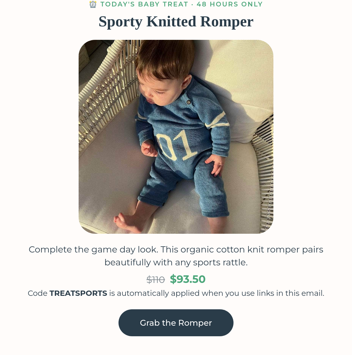 Today's Baby Treat - Sporty Knitted Romper 15% off with code TREATSPORTS