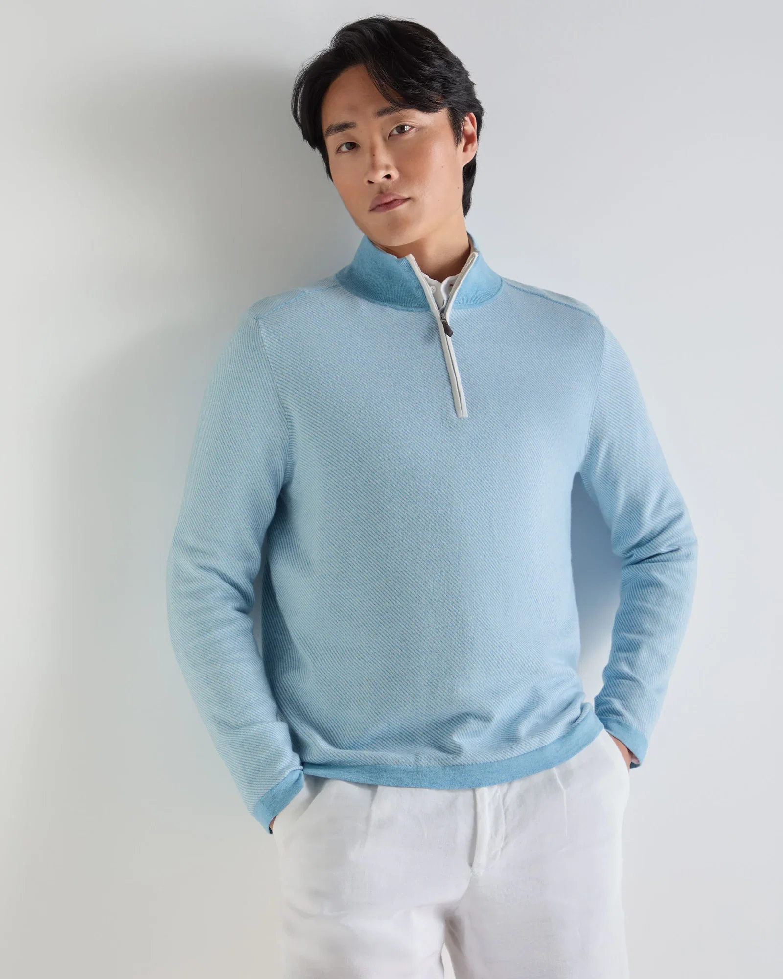 Image of Men's Salcombe Jacquard Half Zip Cotton Cashmere Jumper Cornflower Blue