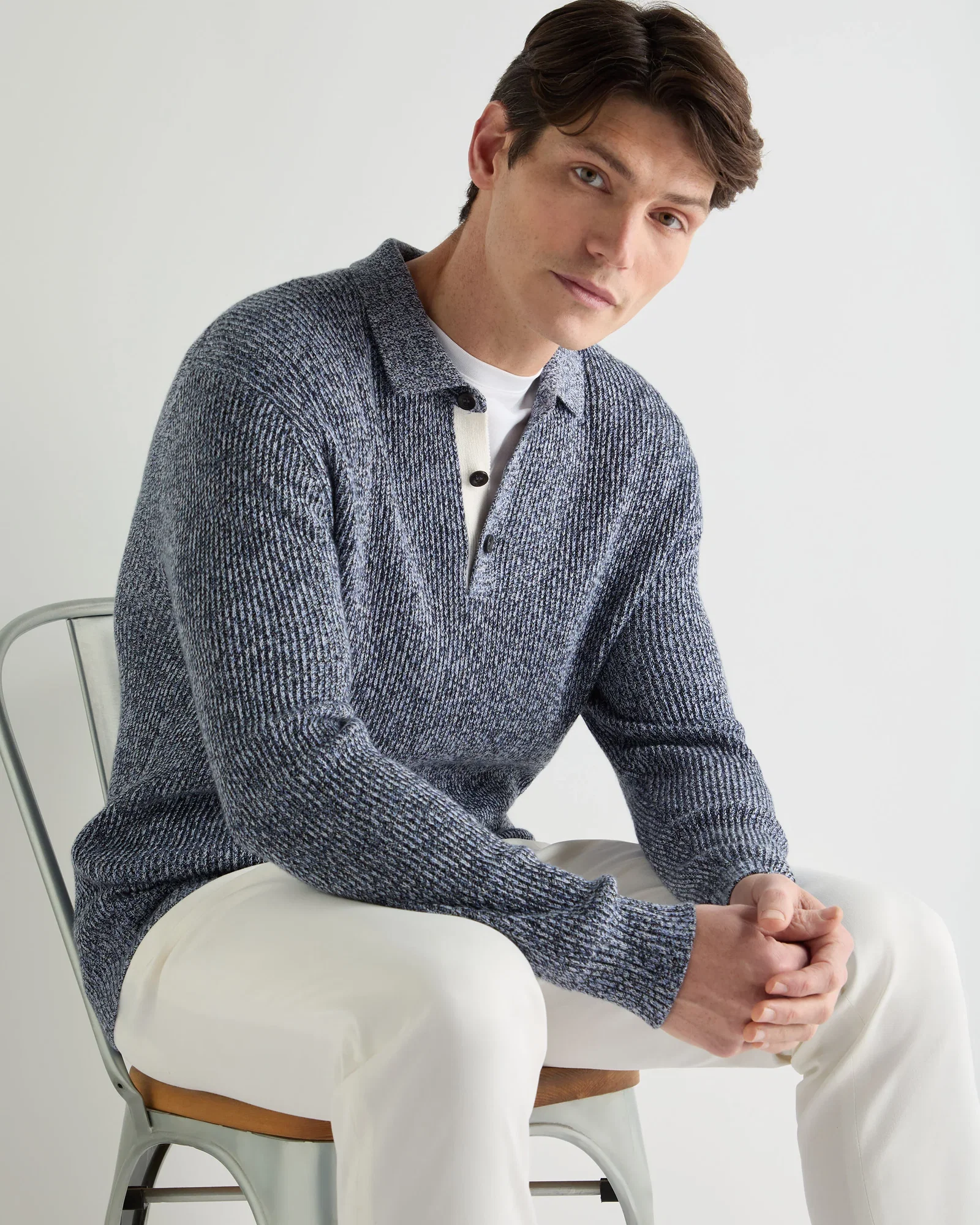 Image of Men's Rib Polo Cotton Blend Jumper Blue Marl