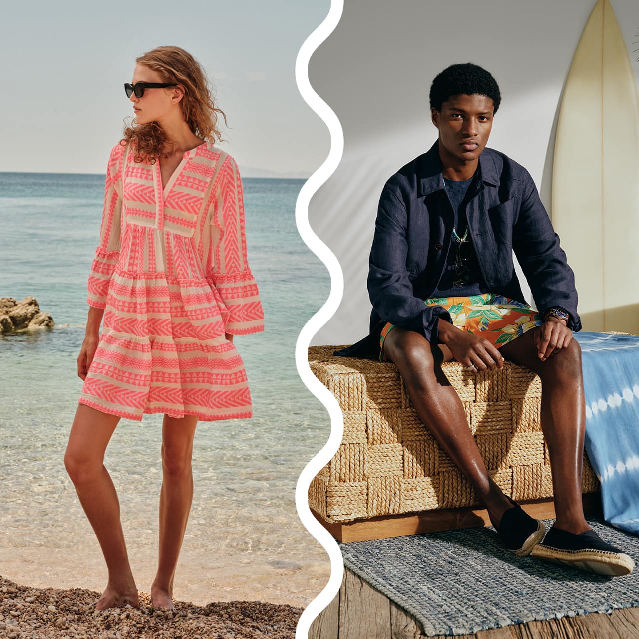 A woman in a pink patterned dress and sunglasses stands on a beach, looking towards the sea. On the right, a man sits indoors on a woven bench, wearing a dark jacket, colourful shorts, and sandals, with a surfboard in the background. The image is split in two with a white wave design.