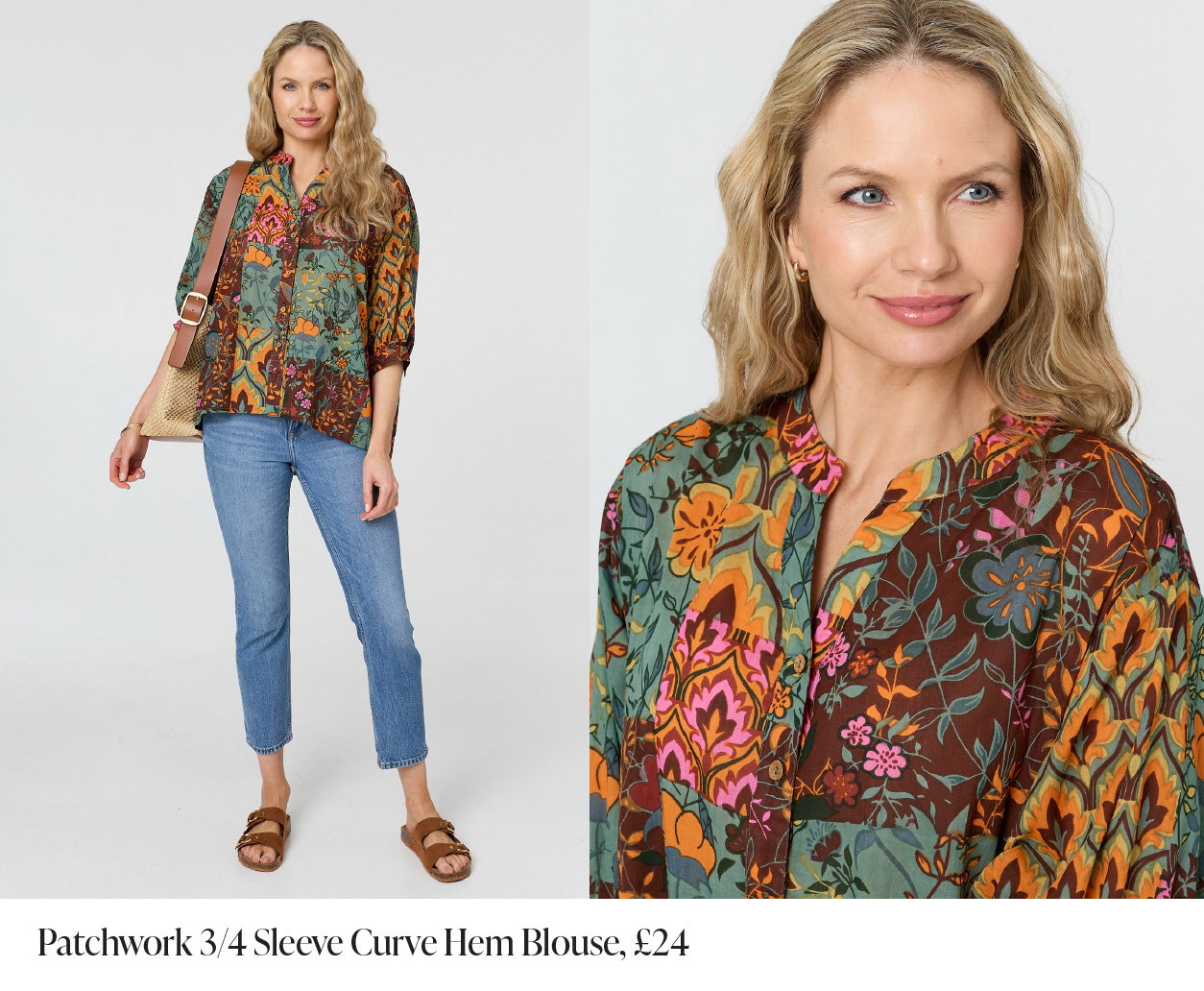 Patchwork 3/4 Sleeve Curve Hem Blouse | Shop Now